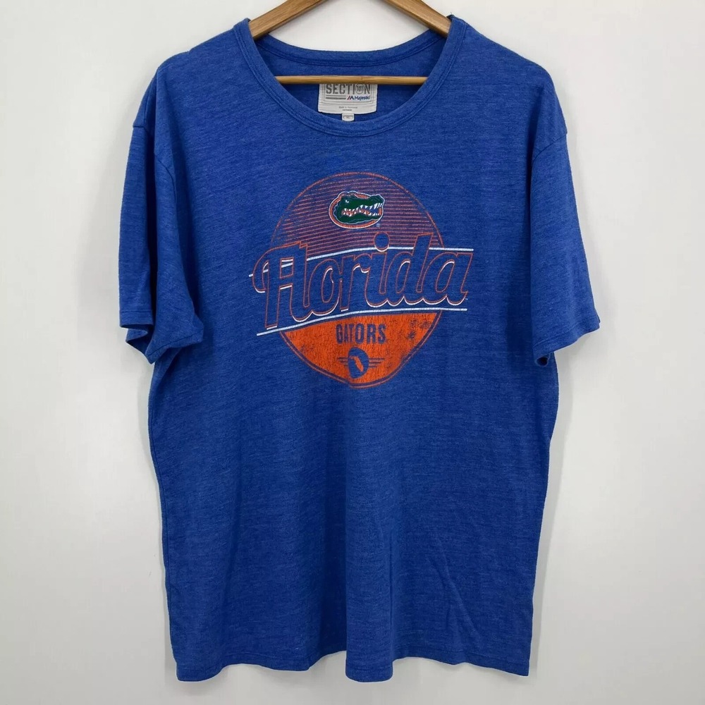 Majestic Section 101 Florida Gators T-Shirt Mens XL Blue Distressed Graphic Tee